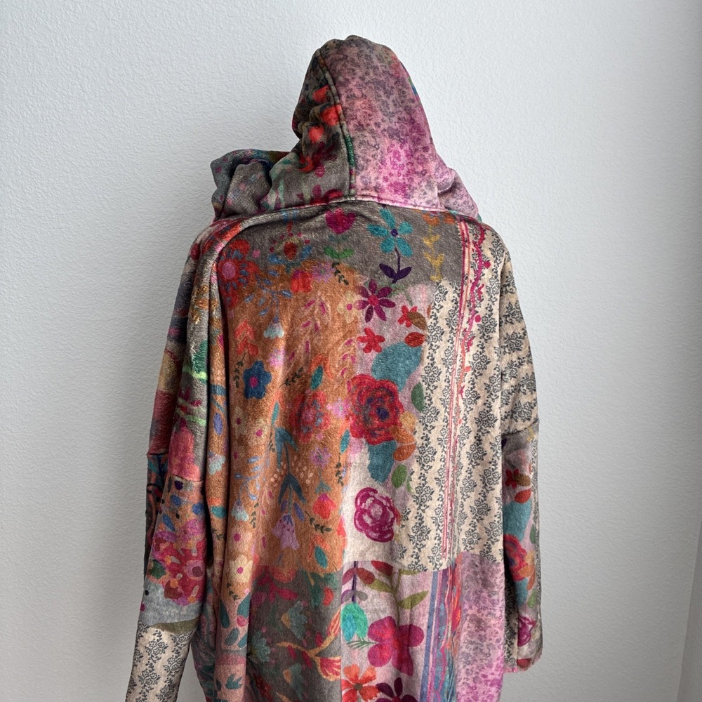 Natural Life Long Cozy Patchwork Blanket Kimono Pink Trim S/M Sherpa Lined Boho - Picture 9 of 16